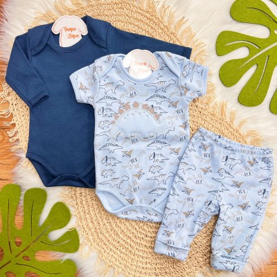 Conj. de Malha 3 Peças - Dinos - Azul Claro e Marinho Conj. de Malha 3 Peças - Dinos - Azul Claro e Marinho